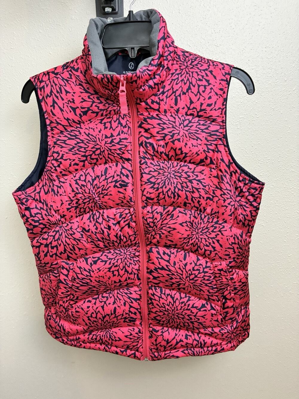 Lands' End Puffer Vest Small Pink Blue Floral Down Filled Full-Zip Pockets Women